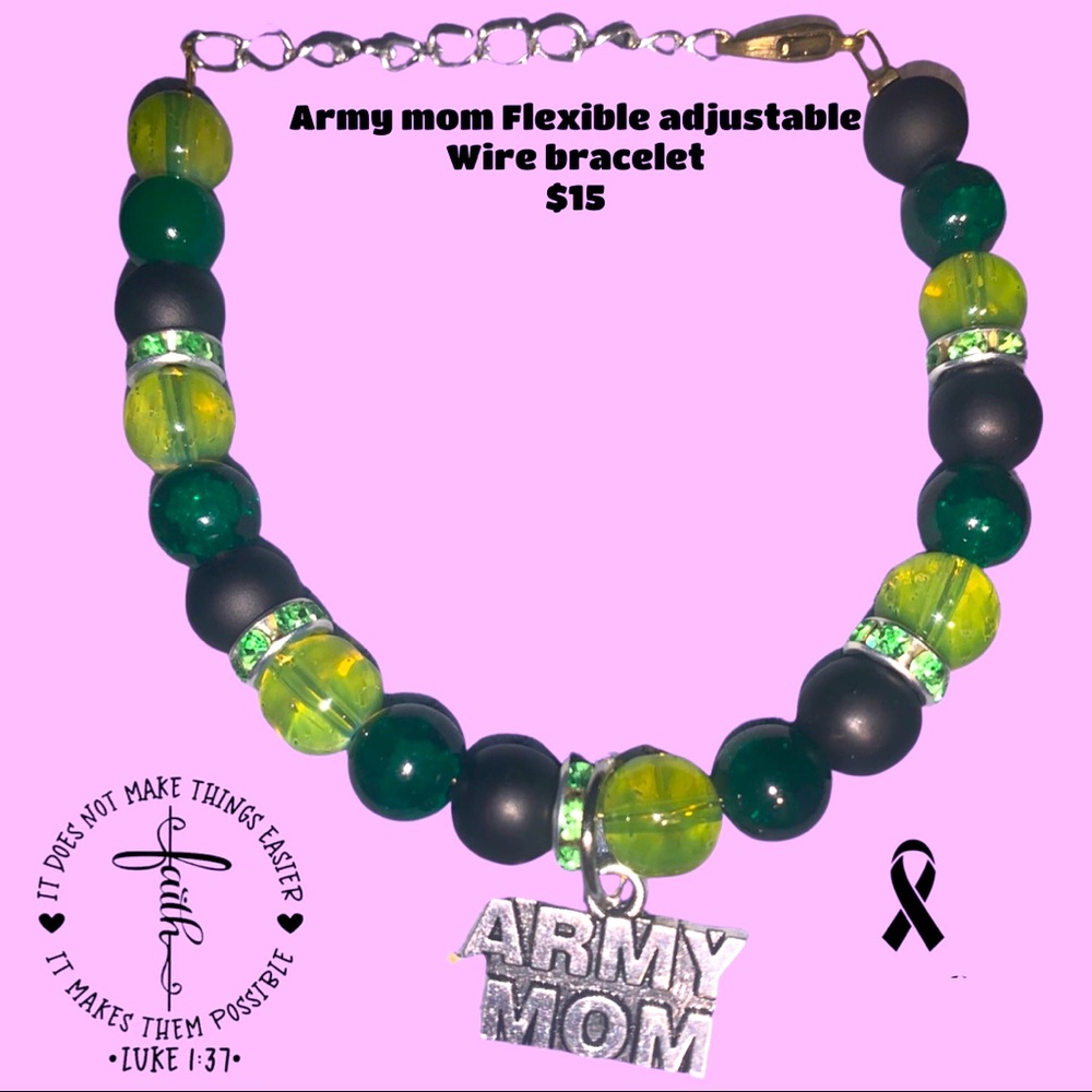 Army mom green and black beaded flexible adjustable wire bracelet